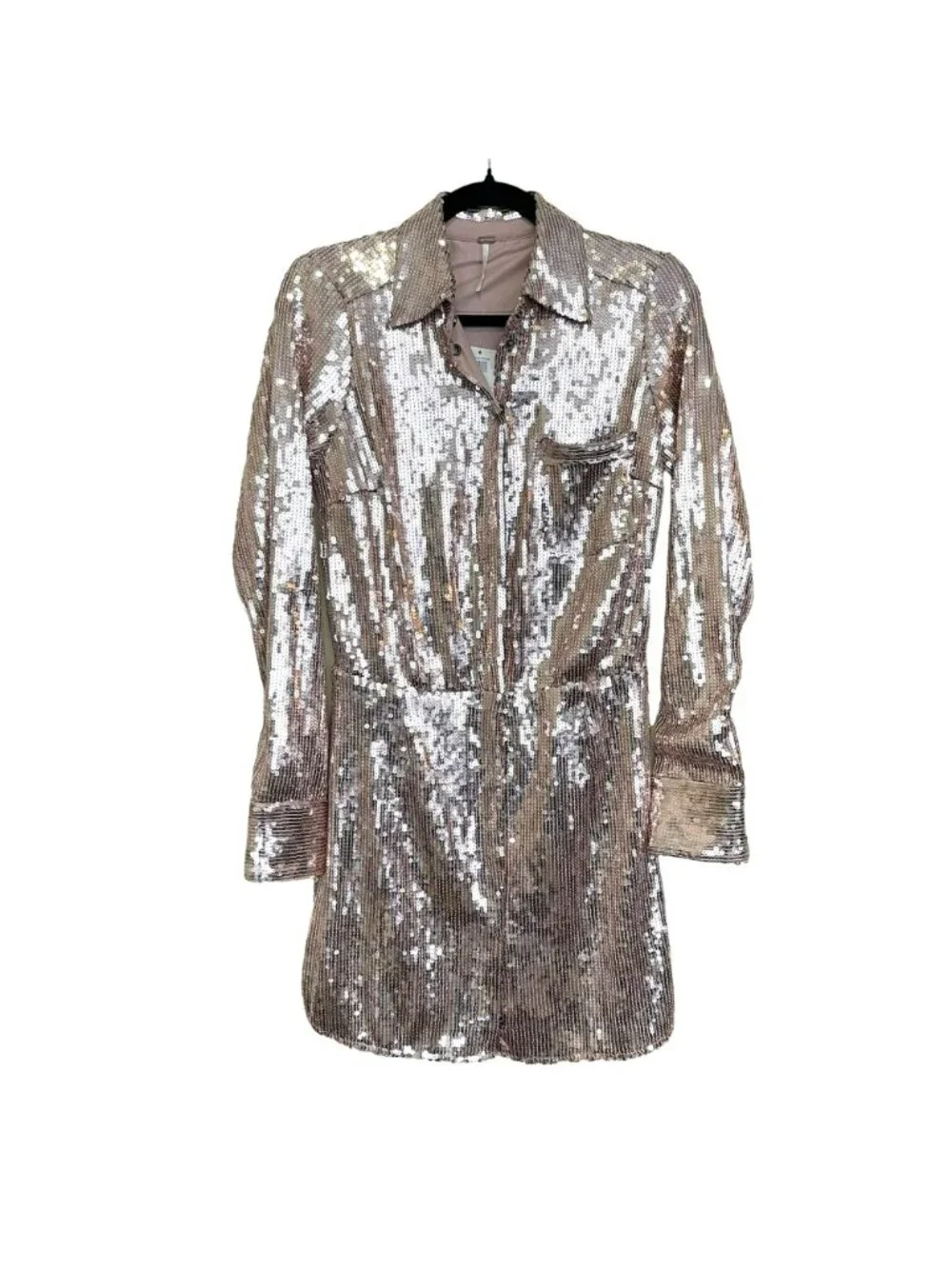 Free People Oversized Sophie Sequin Shirtdress Champagne Large NWT